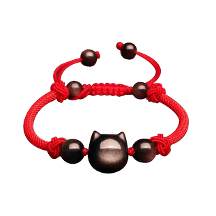天然黑曜石猫手链水晶猫爪手串红绳小众蝴蝶结银曜石手绳男女情侣