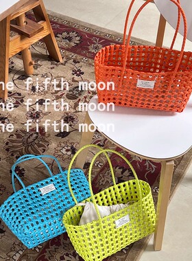 thefifthmoon简约韩式复古布标镂空菜篮子沙滩篮子拍照好看度假