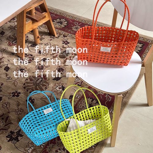 thefifthmoon简约韩式复古布标镂空菜篮子沙滩篮子拍照好看度假