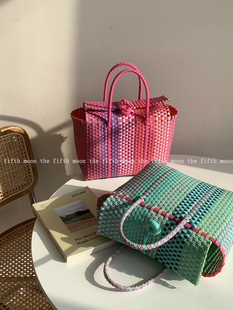 thefifthmoon大容量带盖塑料编织篮野餐篮菜篮子包手提篮