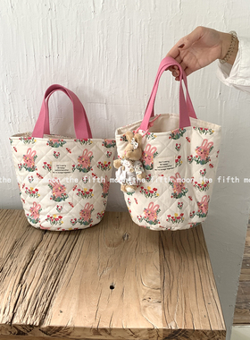 thefifthmoon可爱小兔子绗缝棉布撞色手拎包抽绳水桶包妈咪包