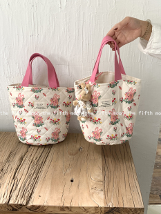 thefifthmoon可爱小兔子绗缝棉布撞色手拎包抽绳水桶包妈咪包