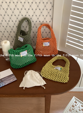 thefifthmoon手工缝制可爱俏皮蝴蝶结彩色纽扣撞色镂空棉绳手提袋