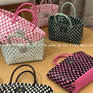 thefifthmoon可爱字母feifusimu彩色撞色手工编织篮小众菜篮子