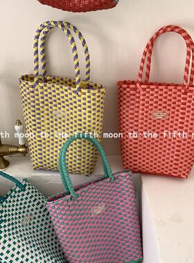 have a nice day in thefifthmoon可爱彩色清新撞色编织篮手提篮