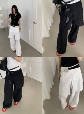 foryou假两件屁帘休闲阔腿裤女夏天新款巨好看的百搭黑色工装裤子