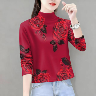 半高领气质百搭秋装女领长袖打底衫新款内搭外穿印花遮肚T恤女