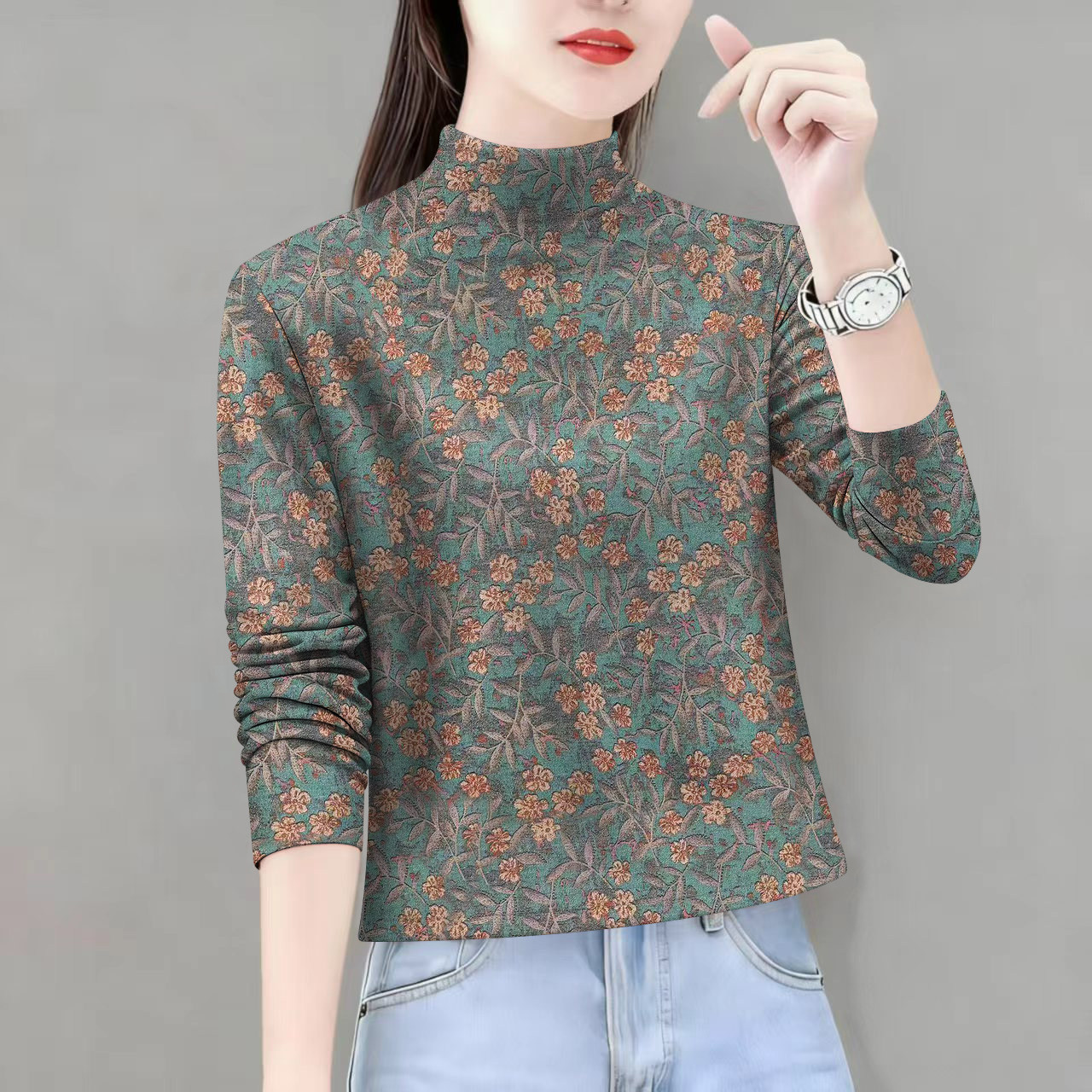 半高领气质百搭秋装女领长袖打底衫新款内搭外穿印花遮肚T恤女