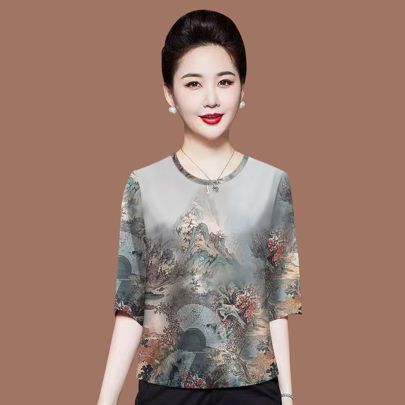 捡漏中老年2025春夏新款冰丝妈妈装七分袖圆领遮肚显瘦T恤女上衣