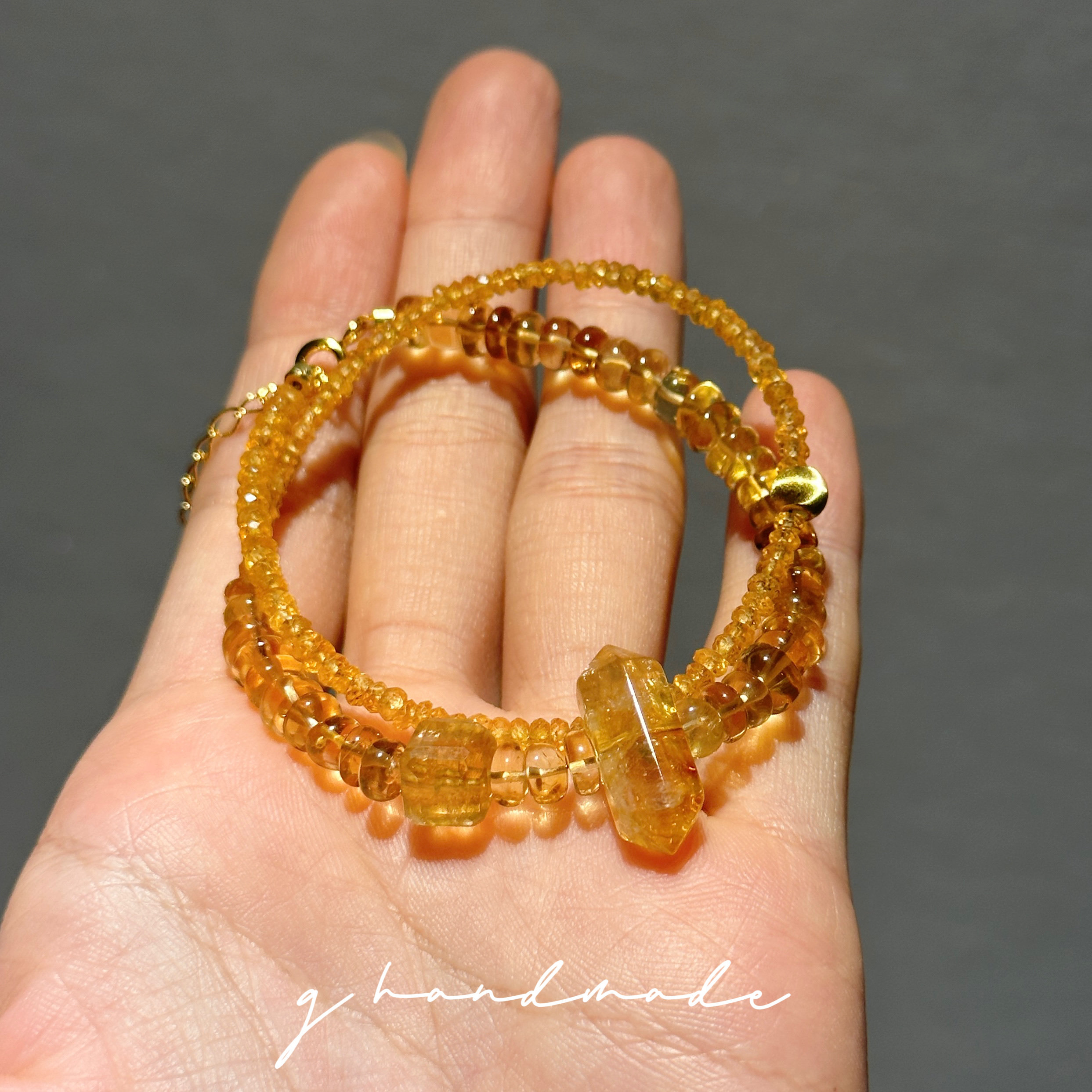 G HANDMADE 天然芬达宝石黄水晶手链925纯银镀金招财转运