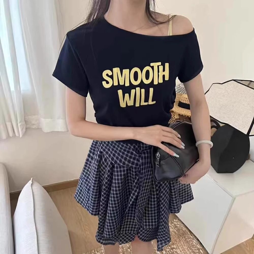 十三行 露肩上衣气质斜肩短袖T恤2025初夏穿搭小衫欧美风女装衣服