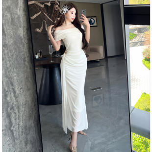 纯欲风性感辣妹一字领露肩网纱连衣裙女包臀高腰长裙设计感修身