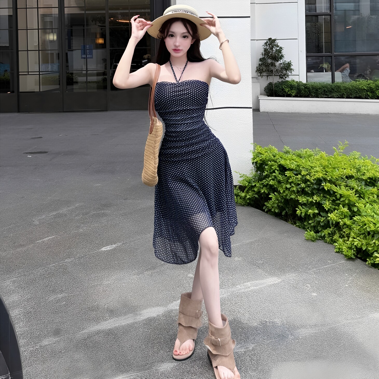 法式纯欲风辣妹气质波点抹胸系带连衣裙女新款收腰显瘦短裙夏