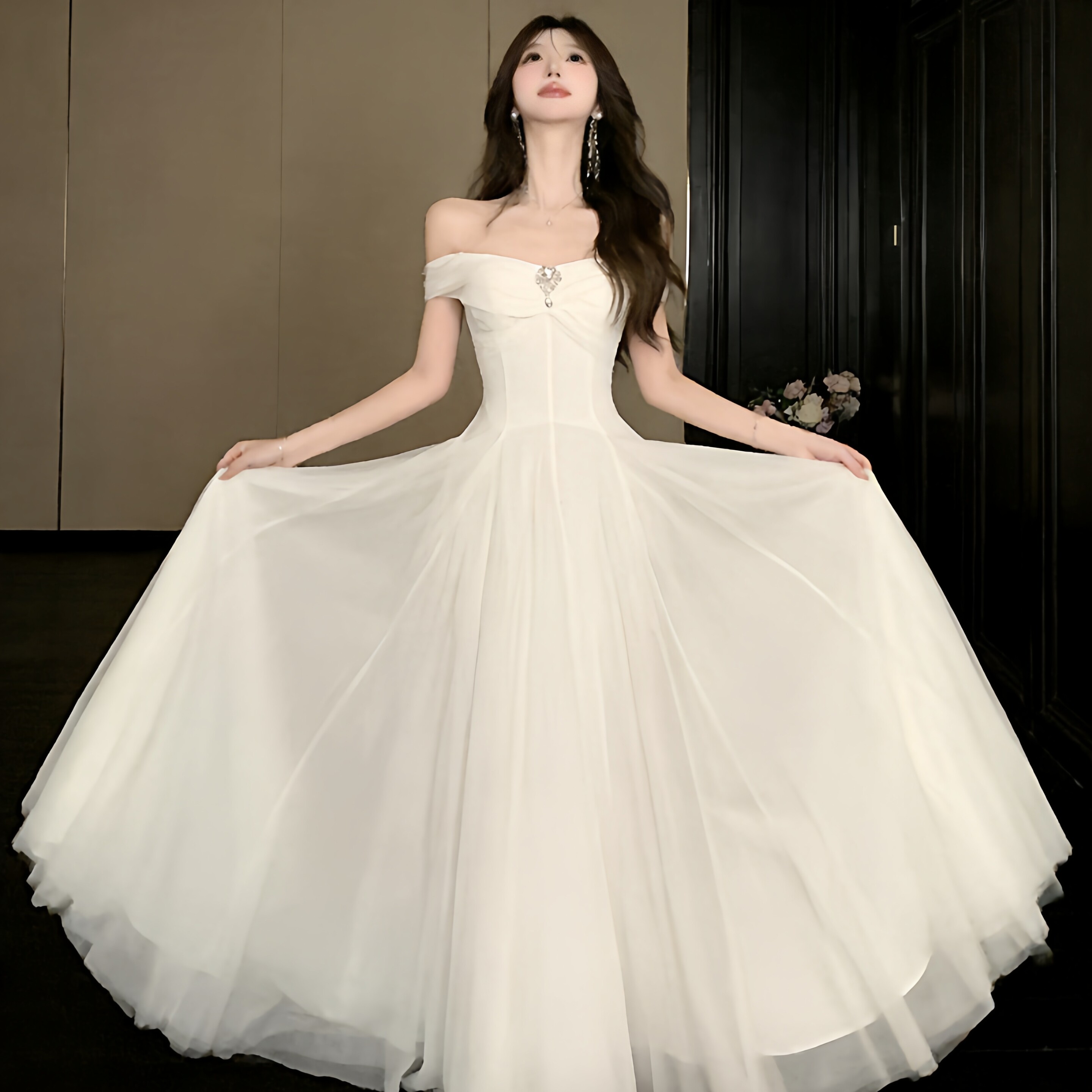 露肩一字领网纱连衣裙女夏一衣多穿宴会大摆飘逸礼服仙女气质长裙