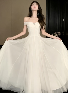 露肩一字领网纱连衣裙女夏一衣多穿宴会大摆飘逸礼服仙女气质长裙