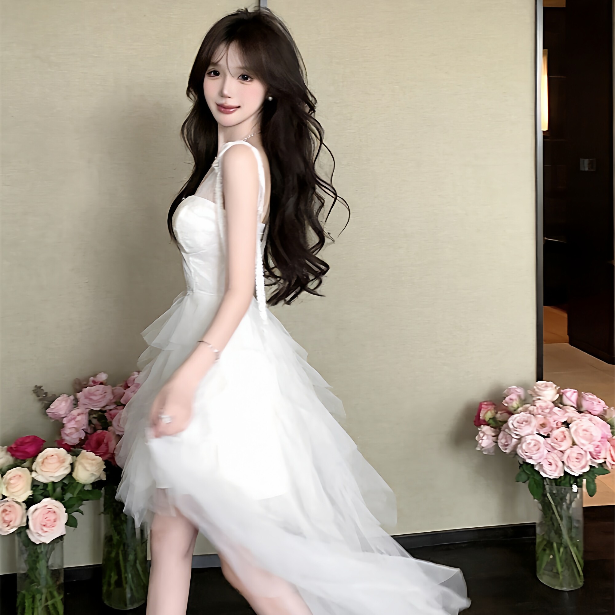 蓬蓬网纱公主裙法式仙女吊带连衣裙女夏季高腰不规则晚礼服中长裙