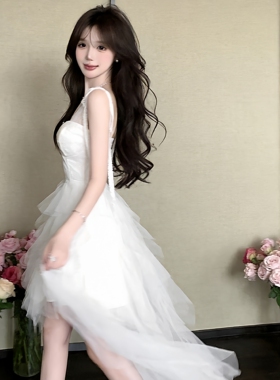 蓬蓬网纱公主裙法式仙女吊带连衣裙女夏季高腰不规则晚礼服中长裙