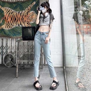 夏季小个子休闲浅色窄版高腰直筒牛仔裤女九分裤2024新款韩版修身