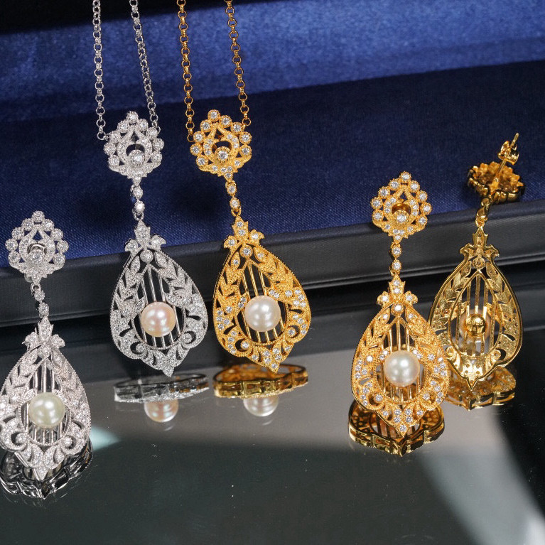 温柔典雅通体925银镀金日本进口海水akoya珍珠复古蕾丝耳钉项链女