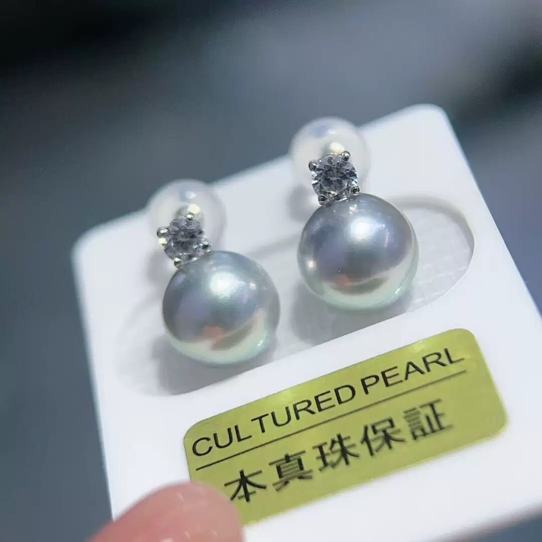 海水真多麻akoya珍珠耳钉吊坠套装7.5-8经典戴妃单钻银蓝灰925银