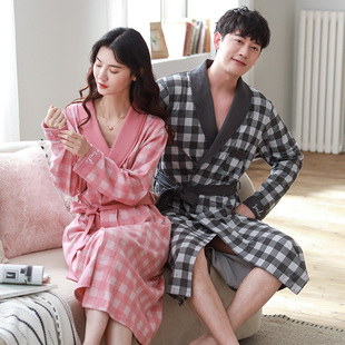 浴袍秋季 格子情侣家居睡袍男士 纯棉睡衣女全棉长款 春秋天长袖 薄款
