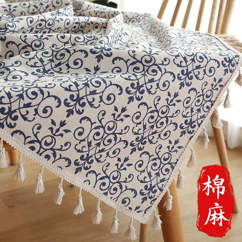 餐桌布棉麻加厚小碎花文艺复古茶几台布野餐露营青花瓷流苏高级感