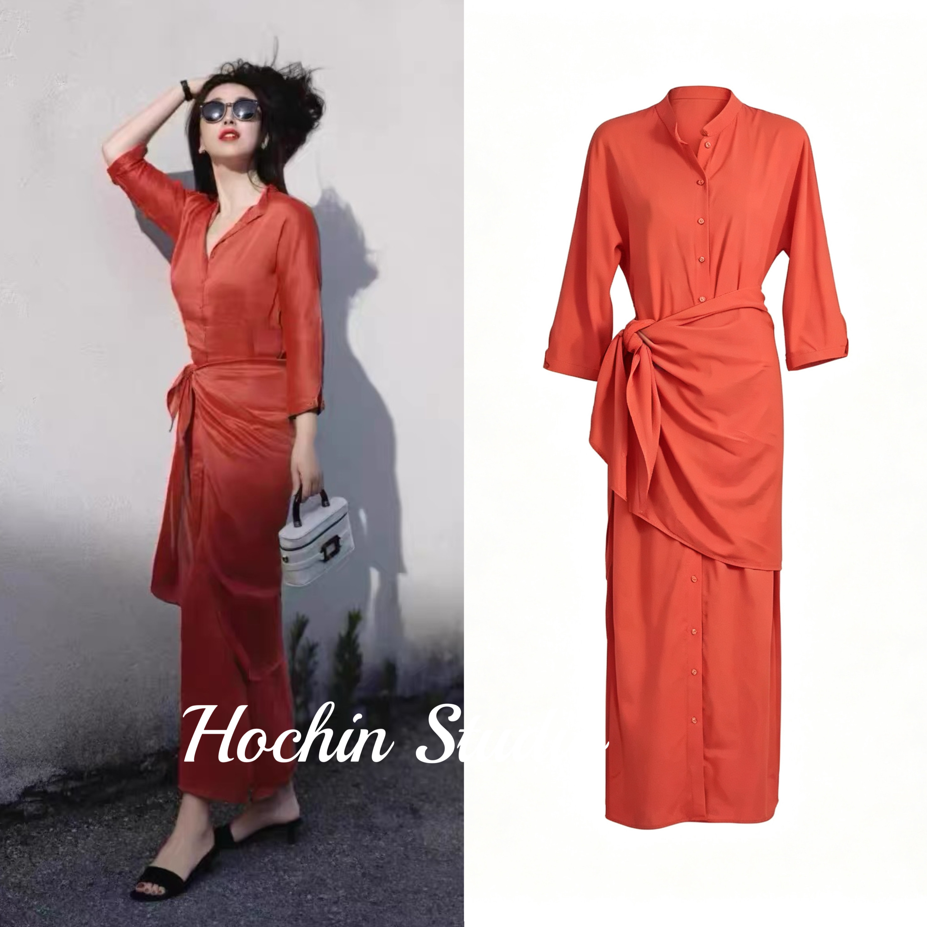 HOCHIN STUDIO【橘红叙语】立领围裹绑带衬衫连衣裙中袖开叉长裙