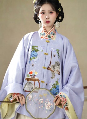 长春殿方领补服对襟大袖刺绣猫补原创日常汉服套装【狸奴知春】