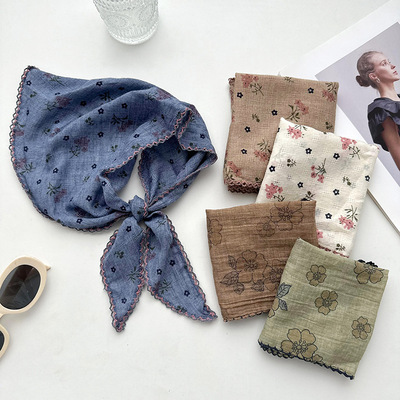 田园风碎花蕾丝三角头巾女包头法式复古夏季海边沙滩防晒丝巾发带