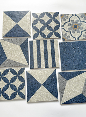 复古蓝色水磨石小花砖200*200阳台浴室防滑地砖民宿餐厅走廊瓷砖