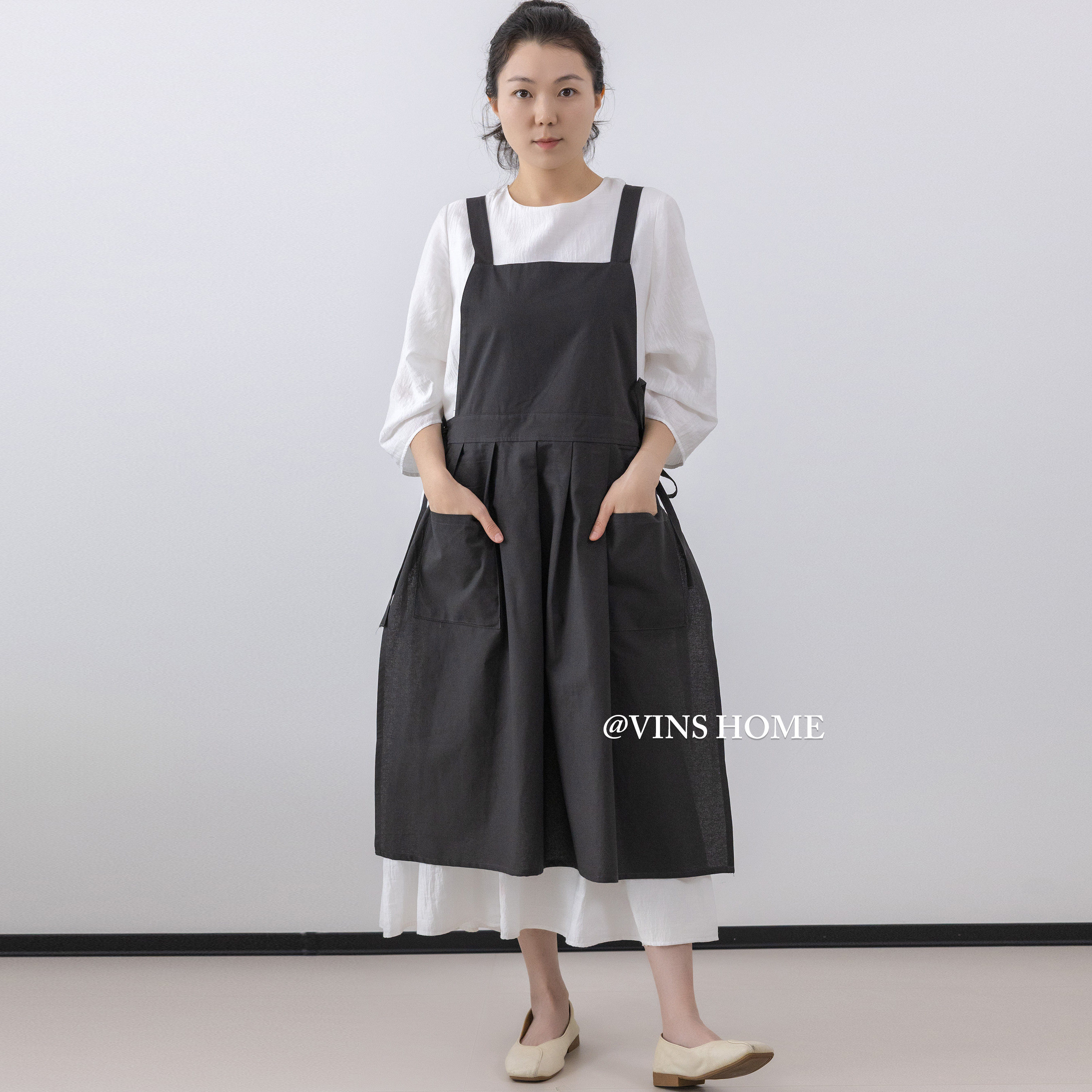 全棉防水韩式纯色定制加长围裙厨房棉麻美甲甜品店工作服花艺师