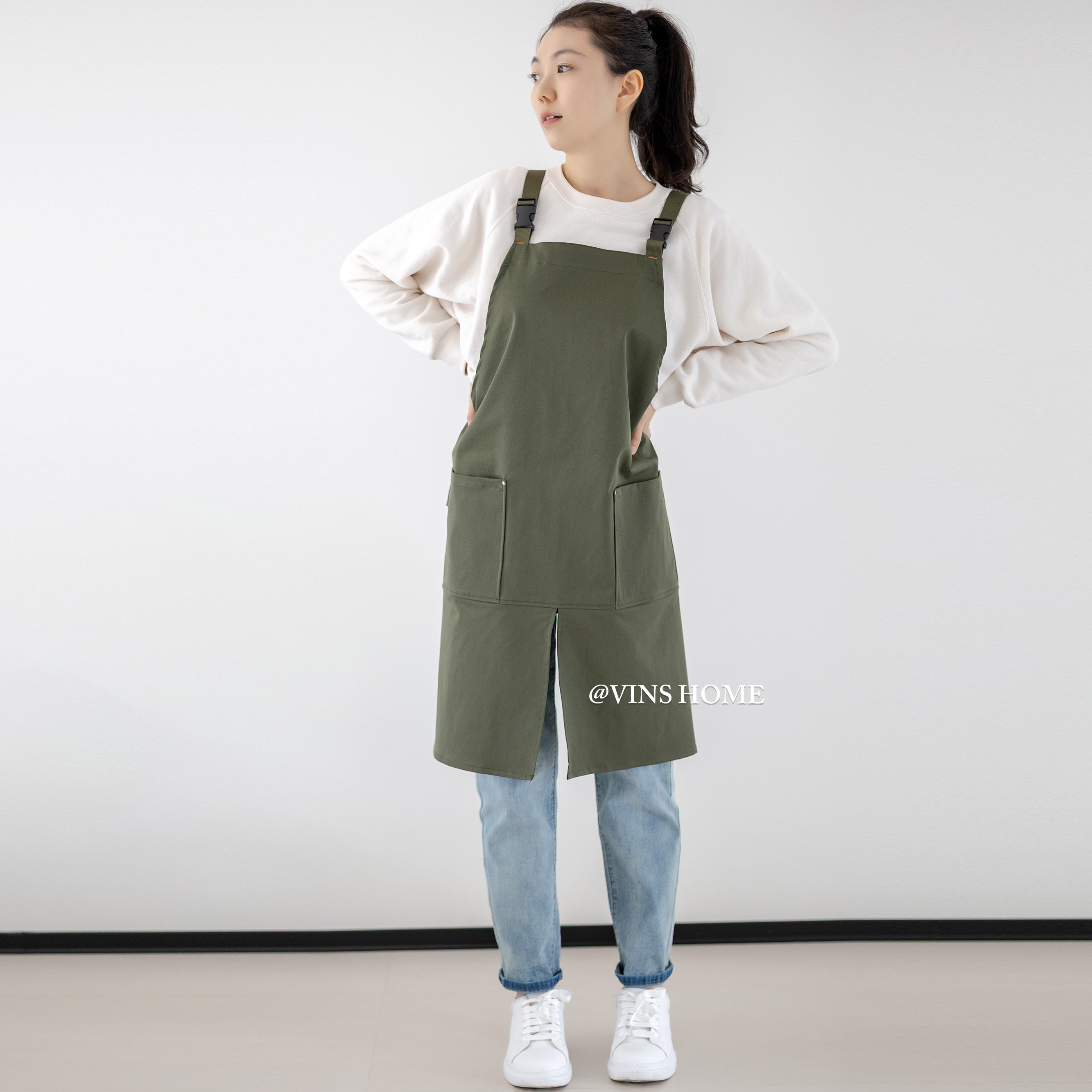 韩日式咖啡餐厅帆布围裙防水罩衣工作服围兜纯棉厨房制服甜品新款