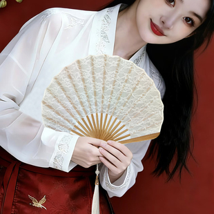 绣花手工白色蕾丝扇子竹扇新中式贝壳扇气质旗袍马面裙刀扇礼品扇