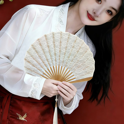 绣花蕾丝扇竹子贝壳扇旗袍马面裙