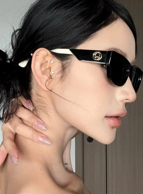 2025新款复古方形窄框猫眼黑白拼色墨镜女方圆脸显瘦太阳眼镜潮