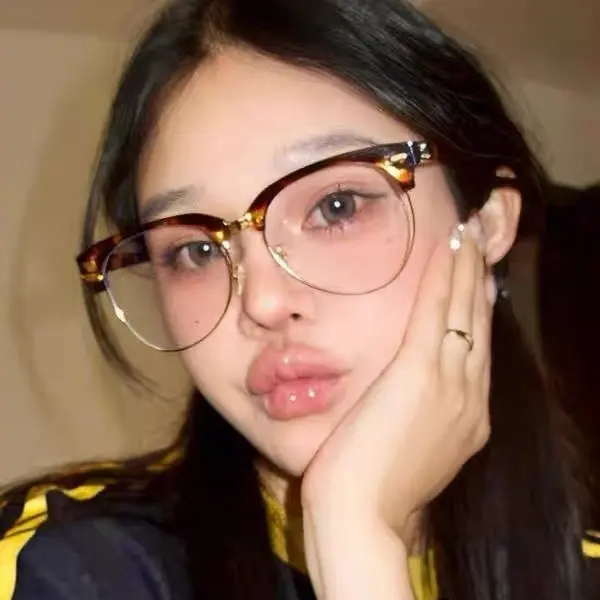 圆脸显瘦防蓝光素颜近视平光镜韩系复古半框豹纹猫眼眉毛框眼镜方