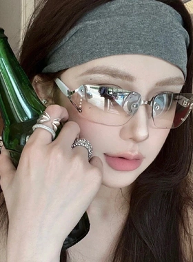 复古无框方形眼镜潮流Y2K辣妹甜酷太阳镜男时尚个性镶钻网红墨镜