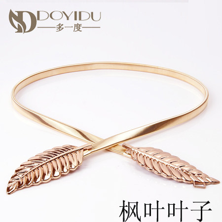 金属腰带女细装饰百搭配裙子腰链弹力松紧金色树叶连衣裙配饰皮带