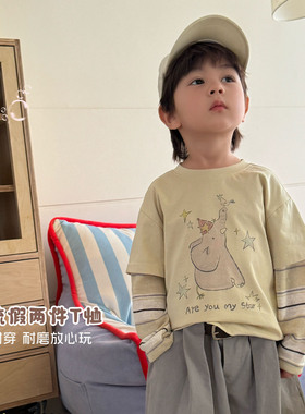 大小卷26新款男女童假两件长袖T恤春秋韩版卡通印花上衣-110156