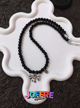 JOFFRE原创甜酷粉色蝴蝶结吊坠双吊坠银黑项链蝴蝶结项链锁骨链