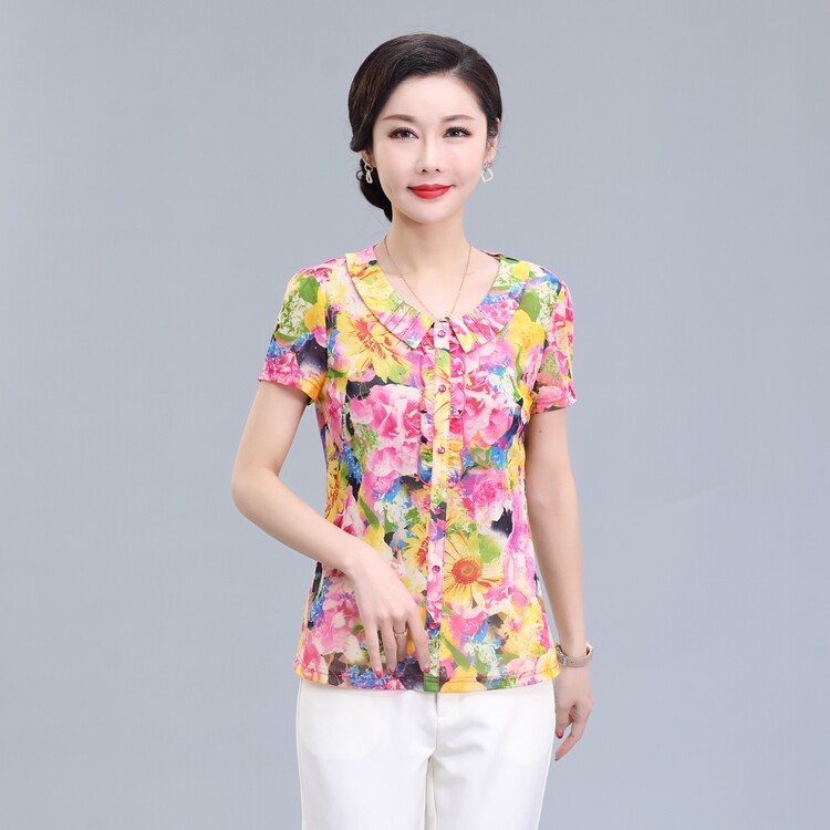 凯斯曼洋气中老年女装妈妈装台湾纱网纱夏季短袖修身套头上衣
