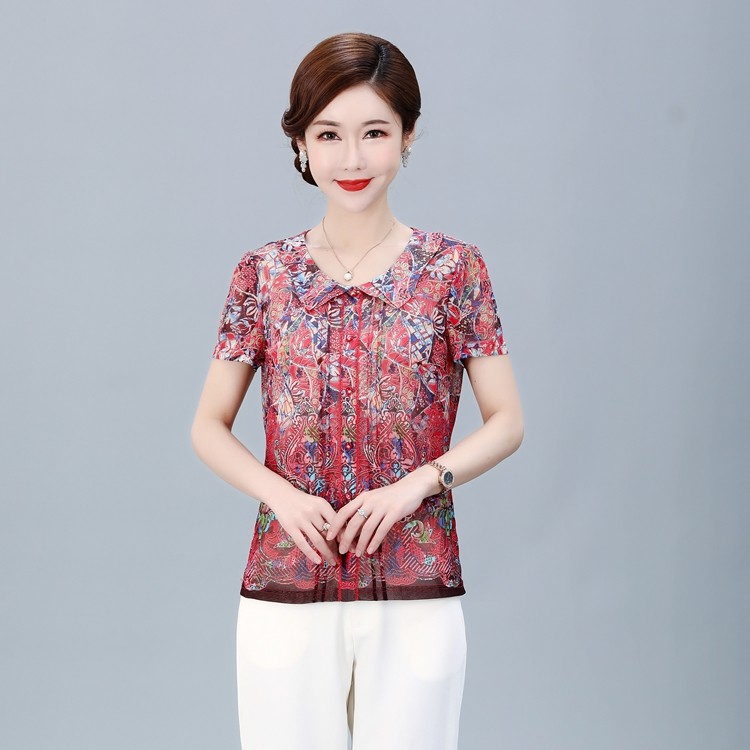 时尚妈妈装雪琳儿台湾纱网纱中老年女装夏季短袖修身套头上衣小衫
