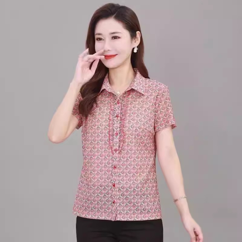雪琳儿弹力中老年女装夏季台湾网纱短袖修身开扣衬衫上衣