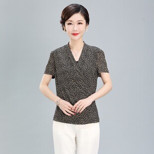 锦依罗洋气台湾纱网纱中老年女装夏季短袖套头修身上衣妈妈装
