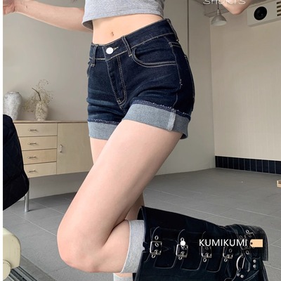 美式辣妹高腰性感超短裤热裤牛仔裤女夏季深蓝色设计感卷边短裤子