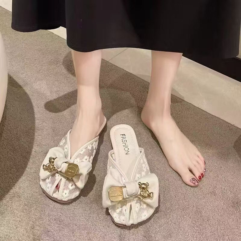 包头拖鞋女夏外穿2026新款半拖蝴蝶结学生网红懒人低跟防滑凉拖鞋