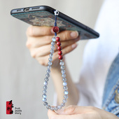 原创高档灰月光石手机链挂件短款 水晶朱砂挂饰手腕挂绳女创意礼物