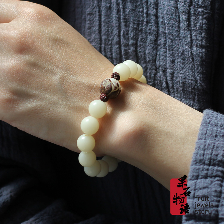 天然白玉菩提根手串 文艺简约男女款单圈手链白色菩提子莲花配饰