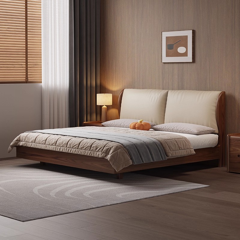 奶油风黑胡桃软包实木床真皮现代简约主卧室1米8悬浮复古双人床