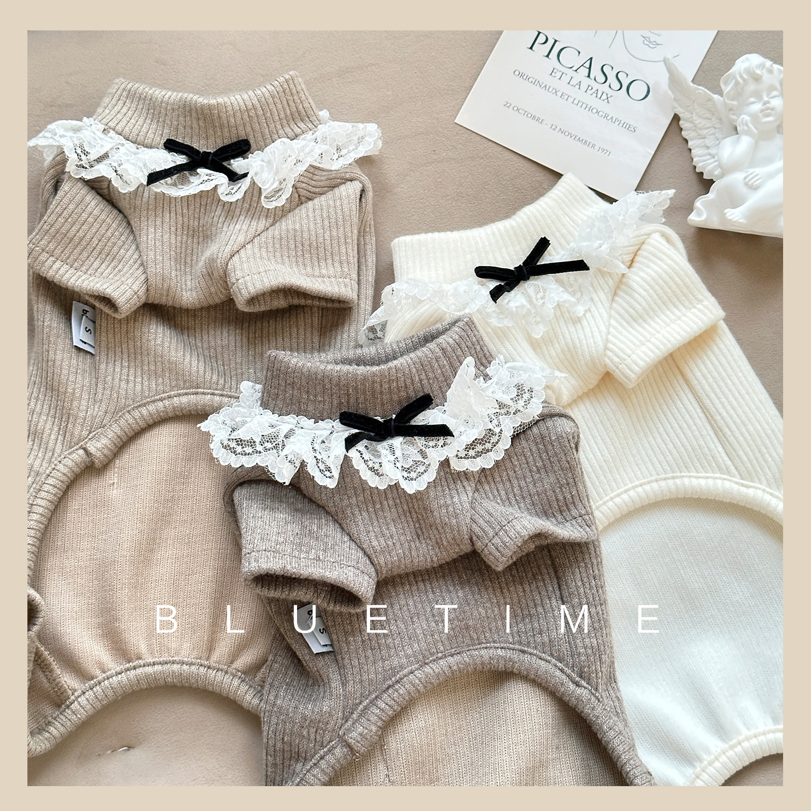 bluetime猫狗螺纹棉四脚衣法式风